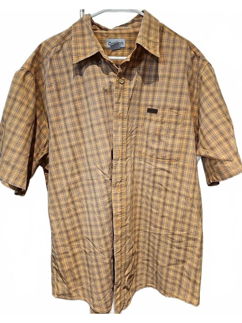 Carhartt Button Up Shirt Brown Orange Plaid Short Sleeve Relaxed Fit Cotton XL